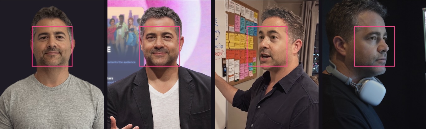 The four hero shots cropped the same way: the blank character model, then Arthur as creative director, narrative director and AI content lead, with one pink box marking where his face lands in each.