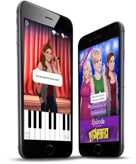 Two phones showing a piano micro-game asking you to play the secret code, and the Pitch Perfect story card