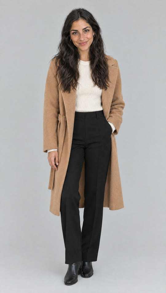 Maya’s clothed reference: her identity portrait and the camel coat, combined