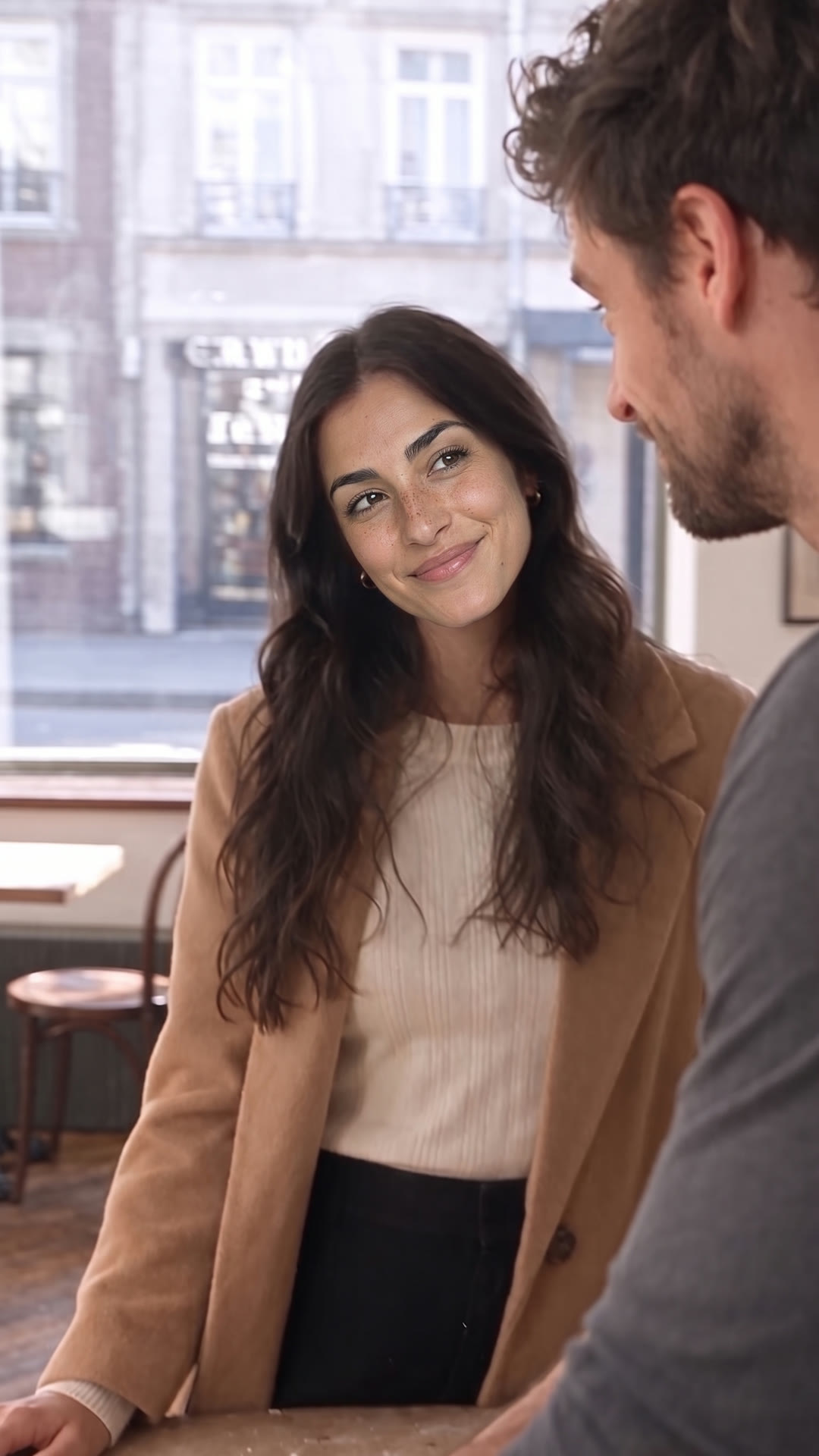 Over-the-shoulder on Maya, framed past Theo’s shoulder, with the shop windows behind her