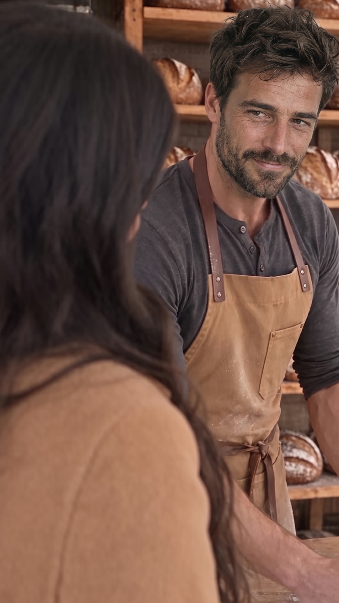 Reverse over-the-shoulder on Theo, framed past Maya’s shoulder, with the bread racks behind him