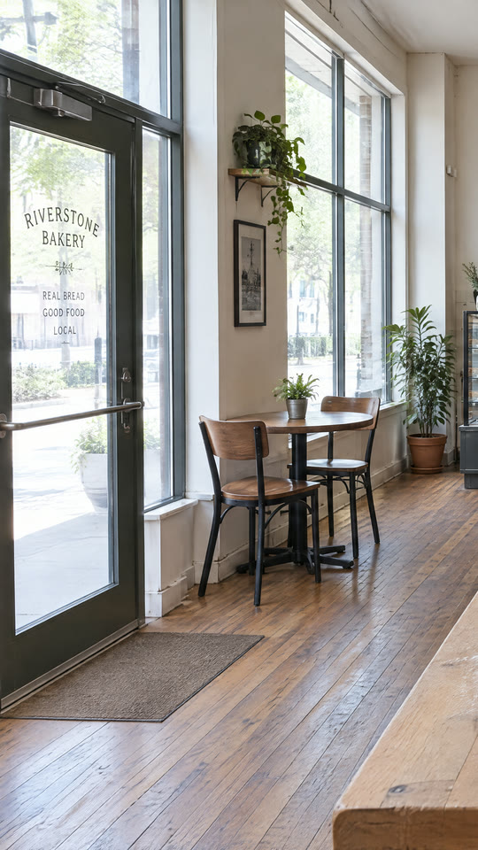 Left panel of the empty bakery panorama: the door, the front windows and a café table