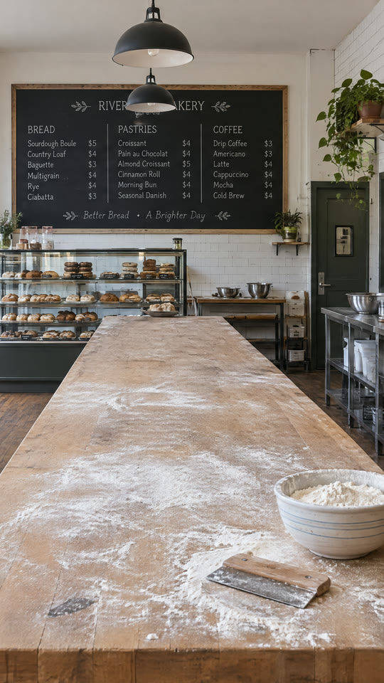 Middle panel: the long floured counter under the chalkboard menu