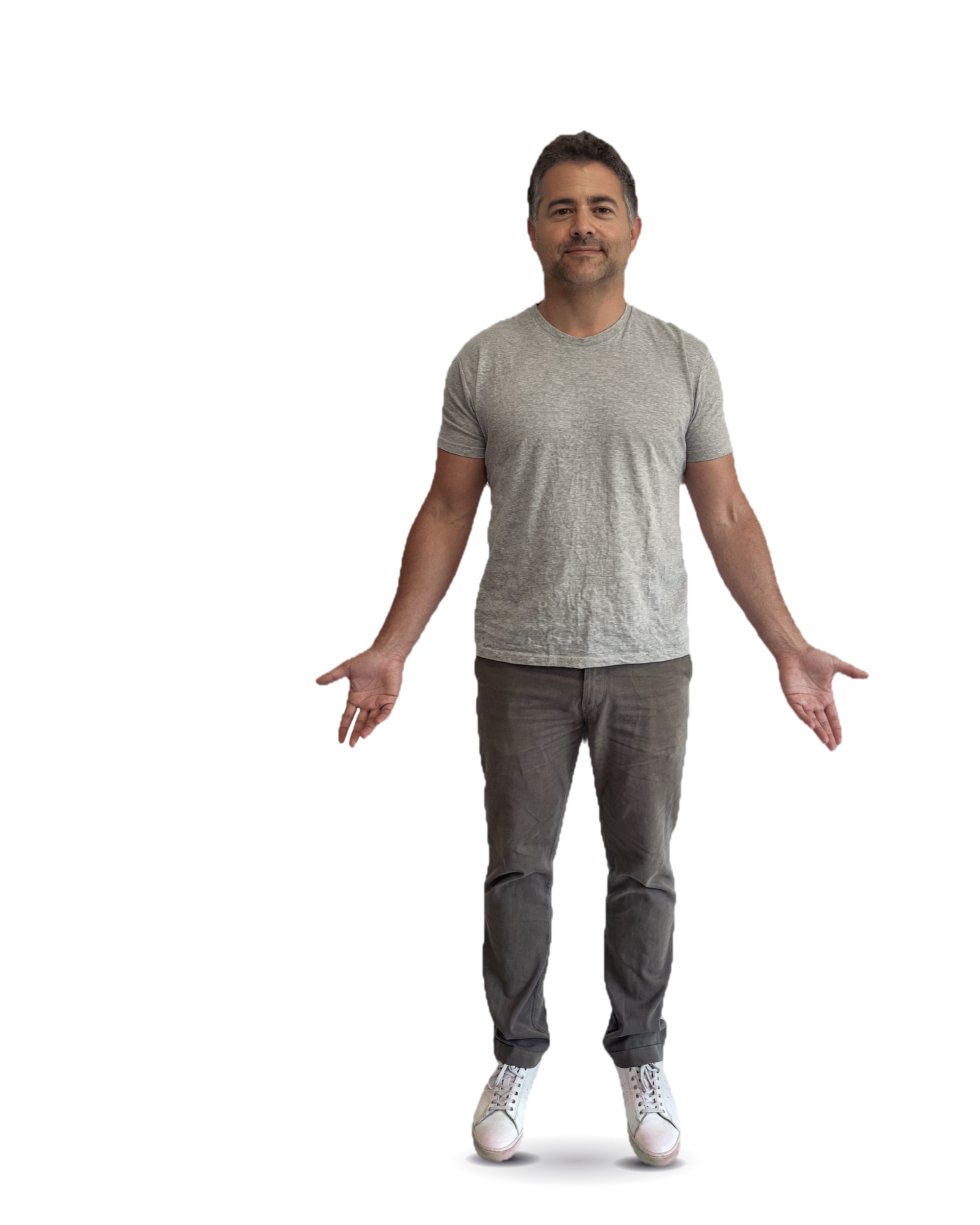 AI render of Arthur in a plain gray tee and trousers, arms out in a default character pose