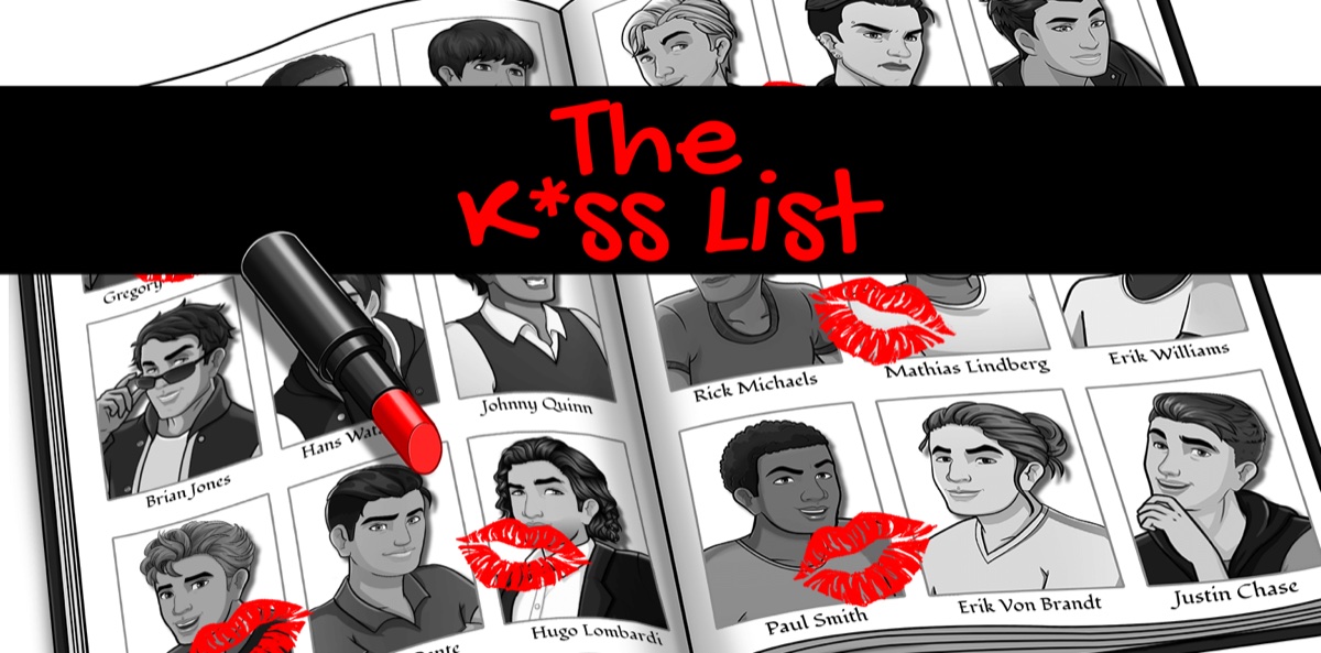 The Kiss List key art: a yearbook of guys, some stamped with red lipstick kisses, and a lipstick tube