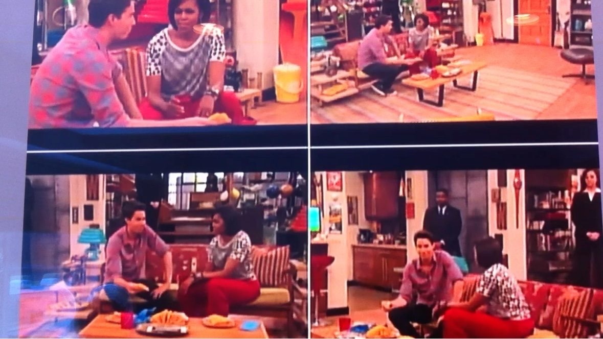 Production monitors on the iCarly set during the episode with the First Lady