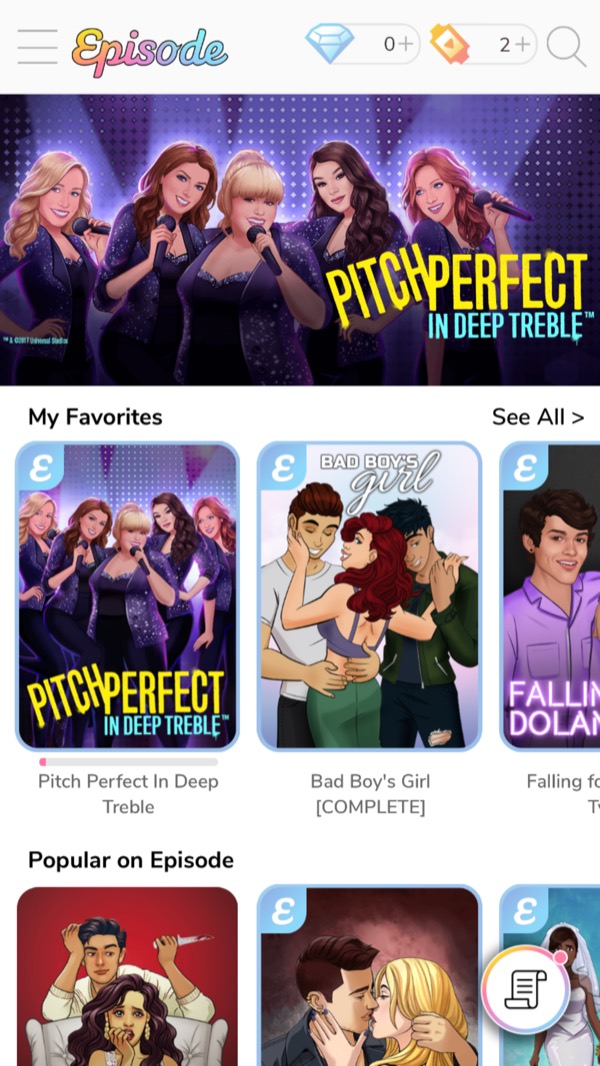 Episode app home screen with Pitch Perfect In Deep Treble in the featured banner