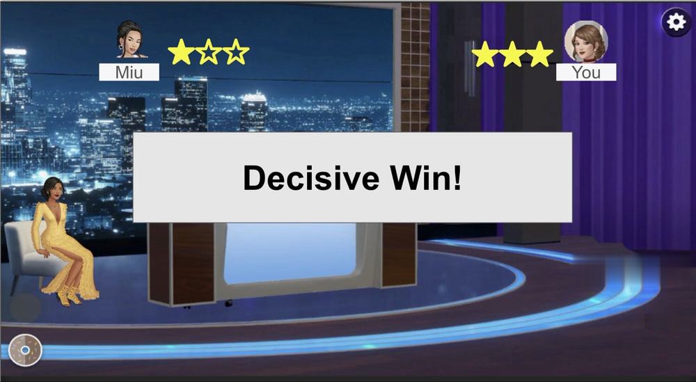 PR Showdown prototype results screen reading Decisive Win, with star ratings for both players