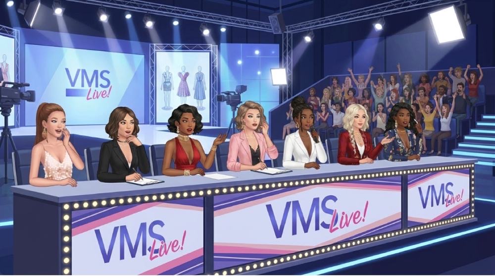 VMS Live! mock-up: players seated at the judges’ desk in front of a cheering audience