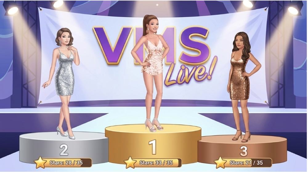 VMS Live! mock-up: three contestants on a podium with star totals