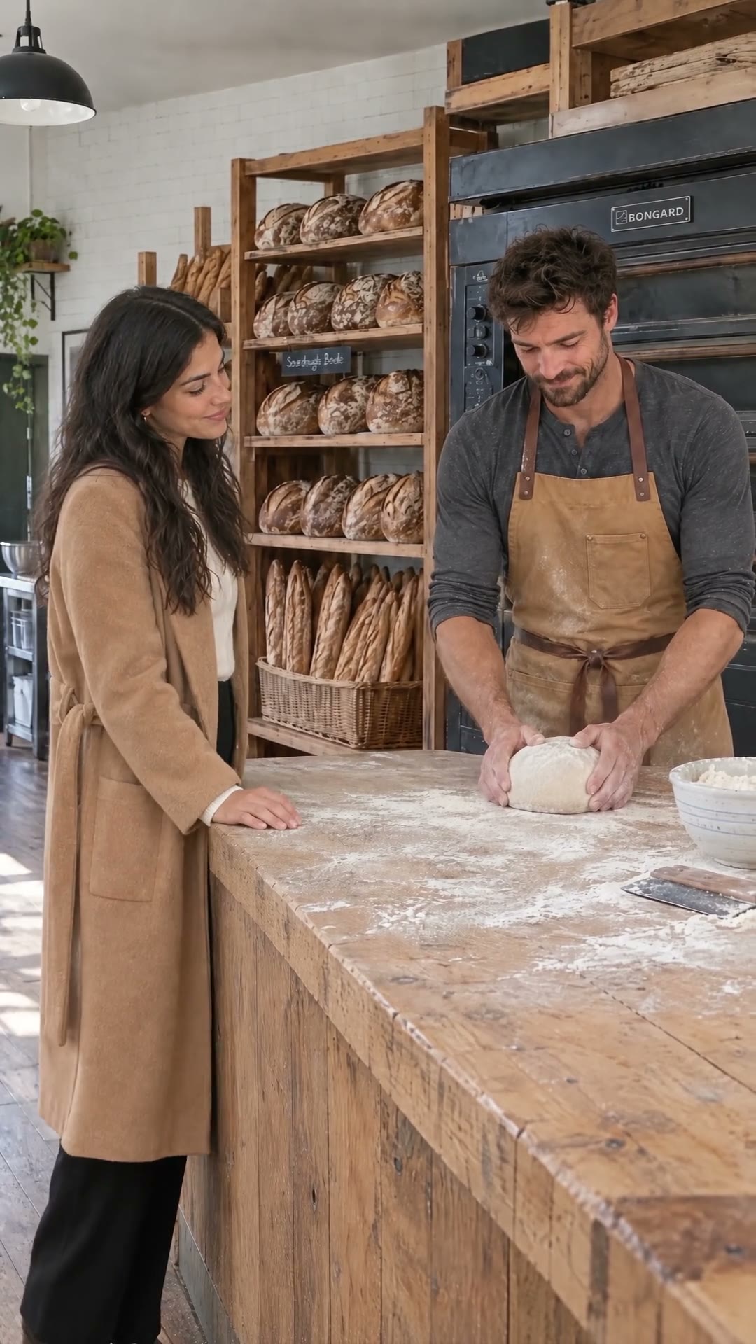 The finished bakery scene: three shots cut together with dialogue, sound and captions; it plays in the strip above